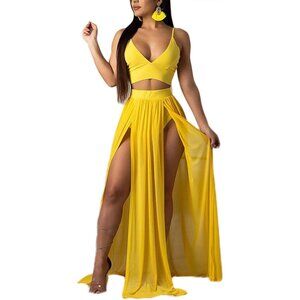 Women Chiffon 2 Piece Skirt Set Deep V Neck Crop Top Maxi Dress Summer Beach